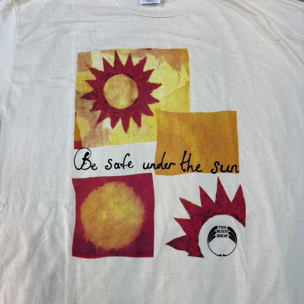 The Body Shop T Shirt XL Cream Vintage Single Stitch Be‎ Safe Under The Sun 90s